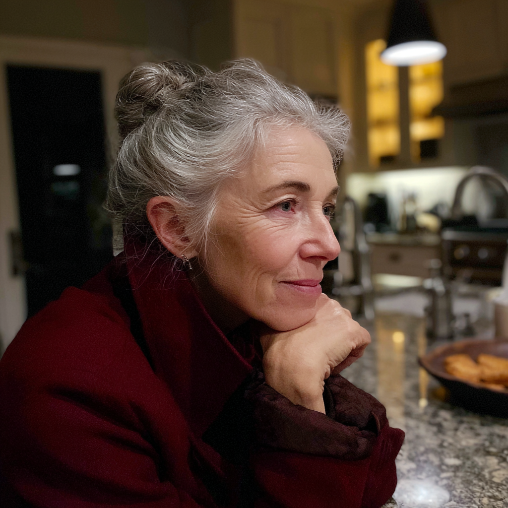 A smiling older woman sitting at a kitchen table | Source: Midjourney