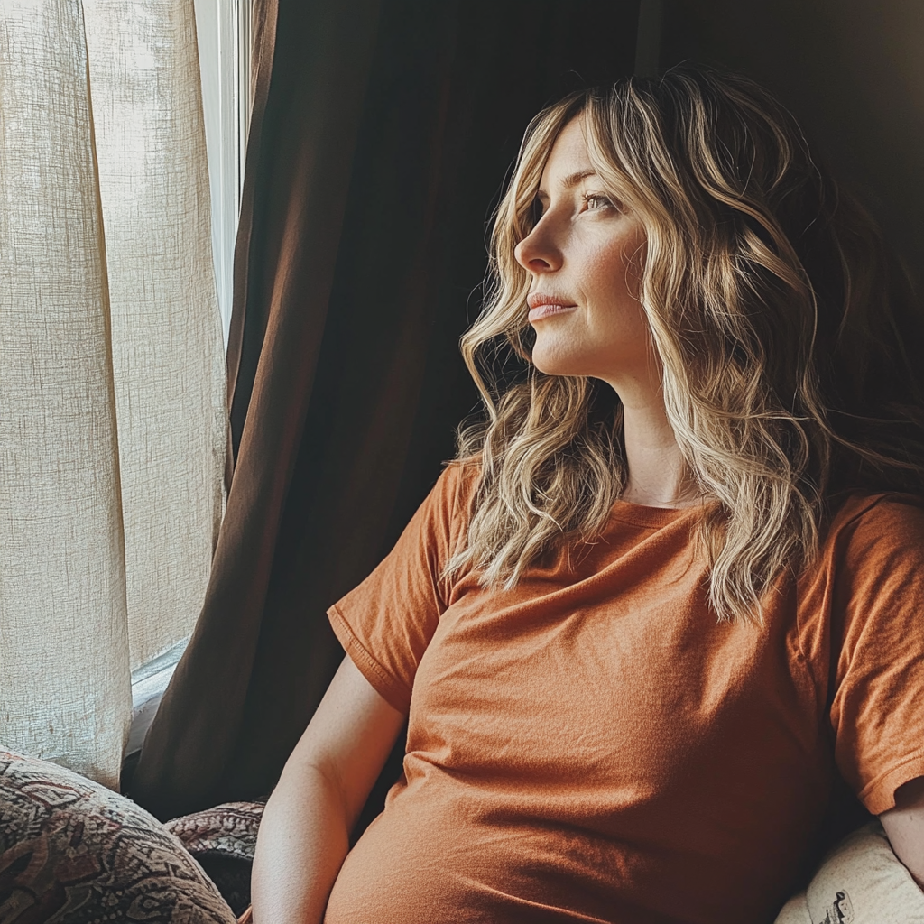 A pregnant woman sitting on a couch and looking out the window | Source: Midjourney
