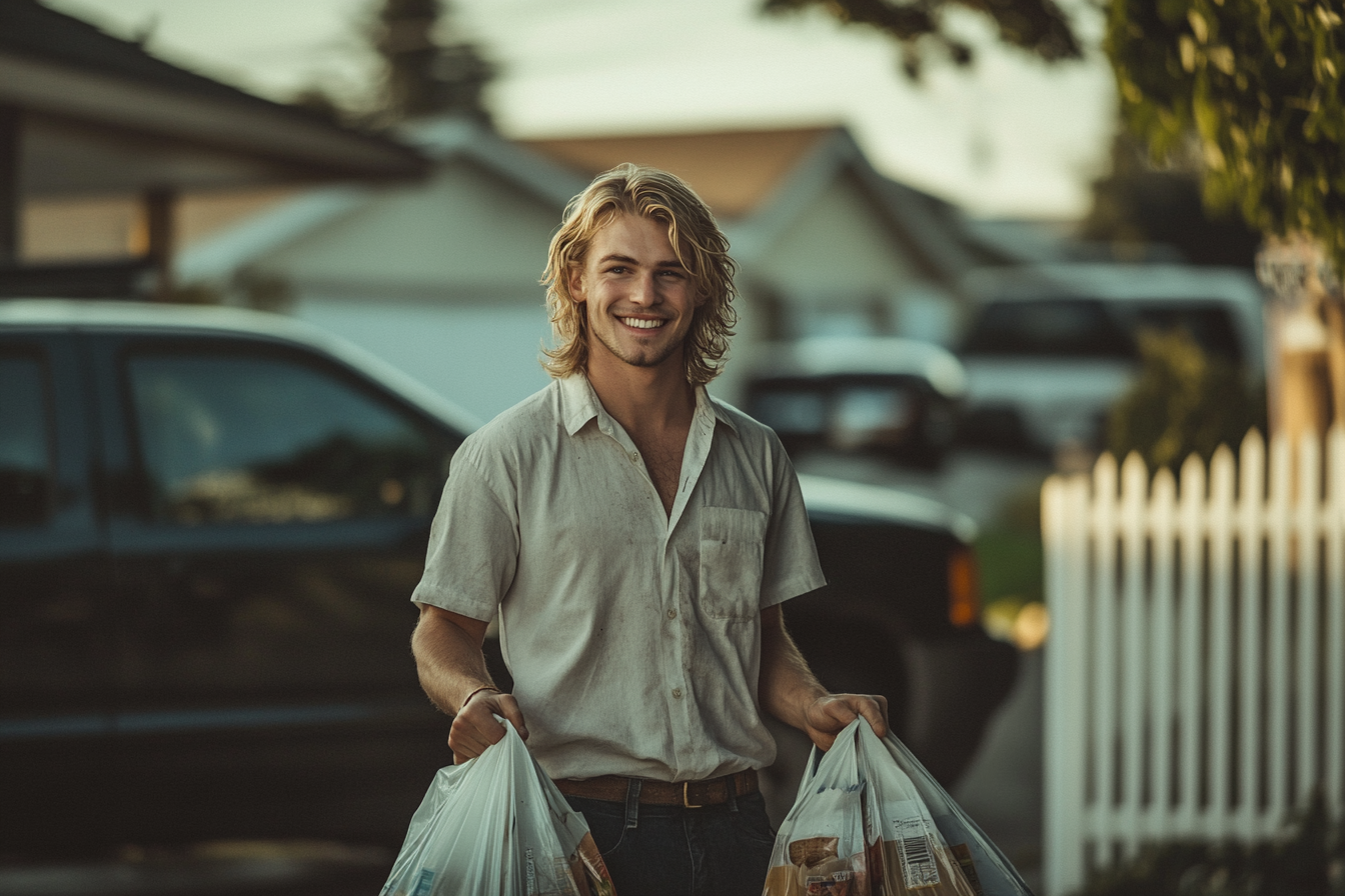 Man in his late 20s with long blonde hair holding grocery bags in front of a black SUV | Source: Midjourney