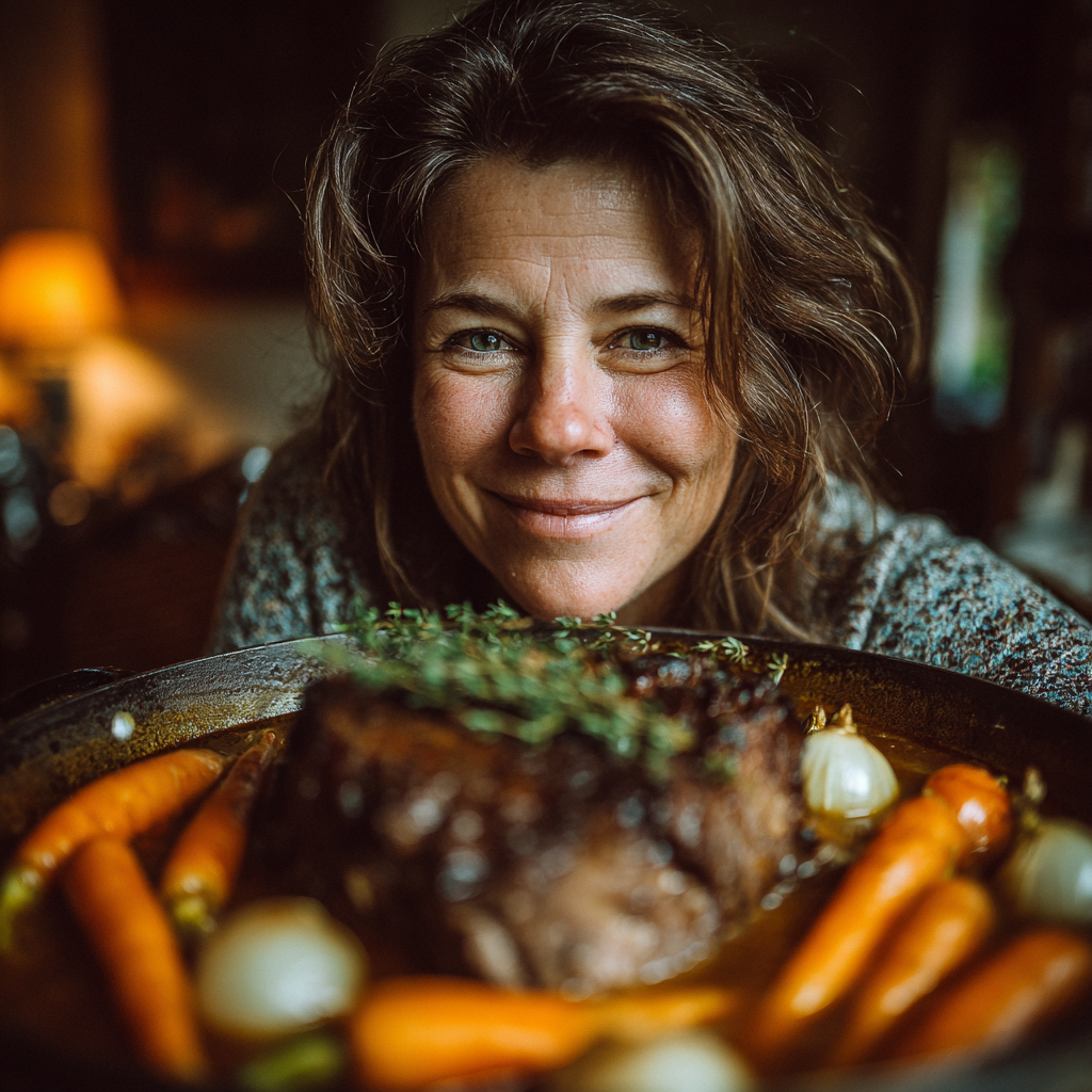A proud woman in front of her dish | Source: Midjourney
