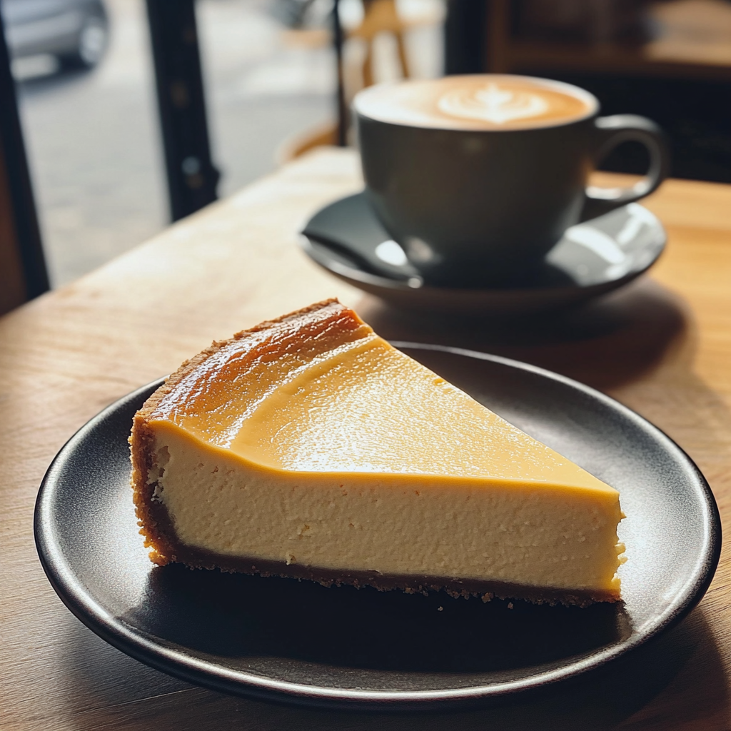A slice of cheesecake on a table | Source: Midjourney