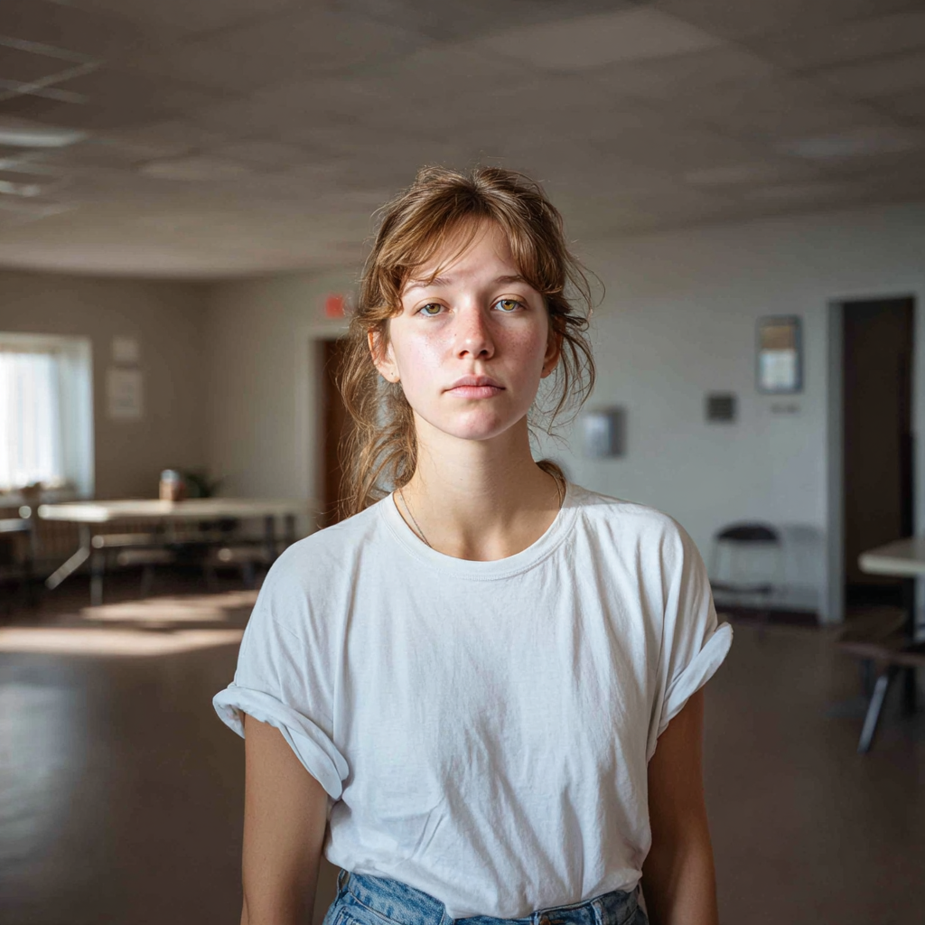An exhausted young woman wearing jeans and a t-shirt | Source: Midjourney