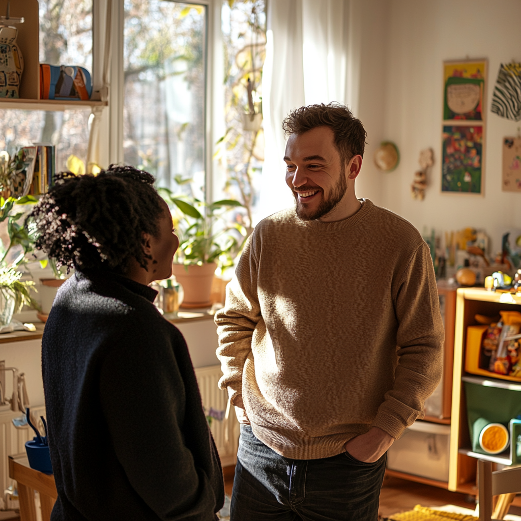 A man talking to his wife in a playroom | Source: Midjourney