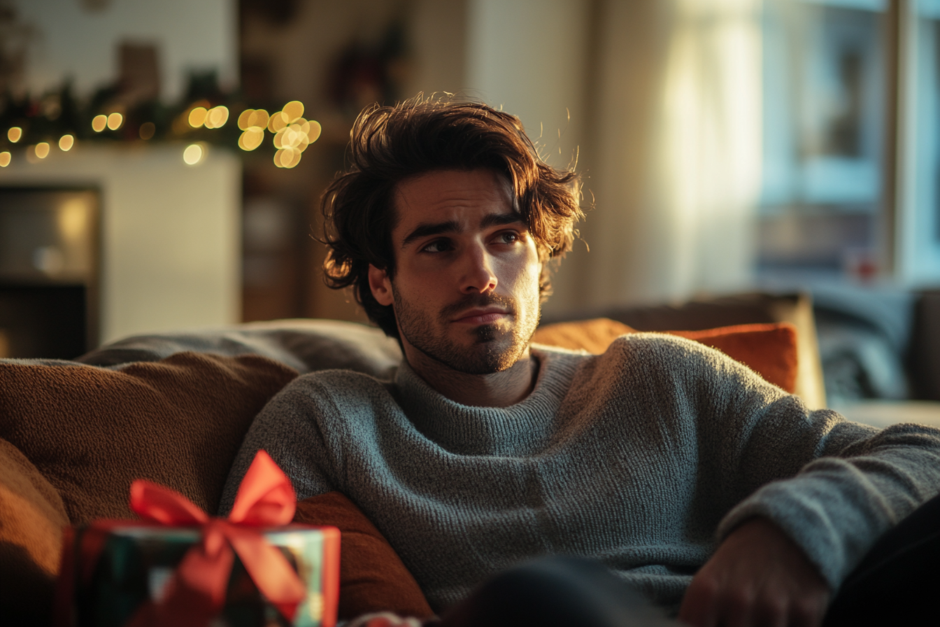 Upset man sitting on a couch on Christmas morning | Source: Midjourney