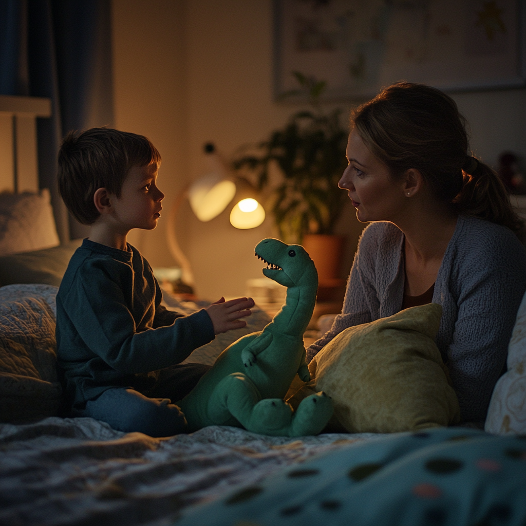 Une femme parle à son fils dans sa chambre | Source : Midjourney