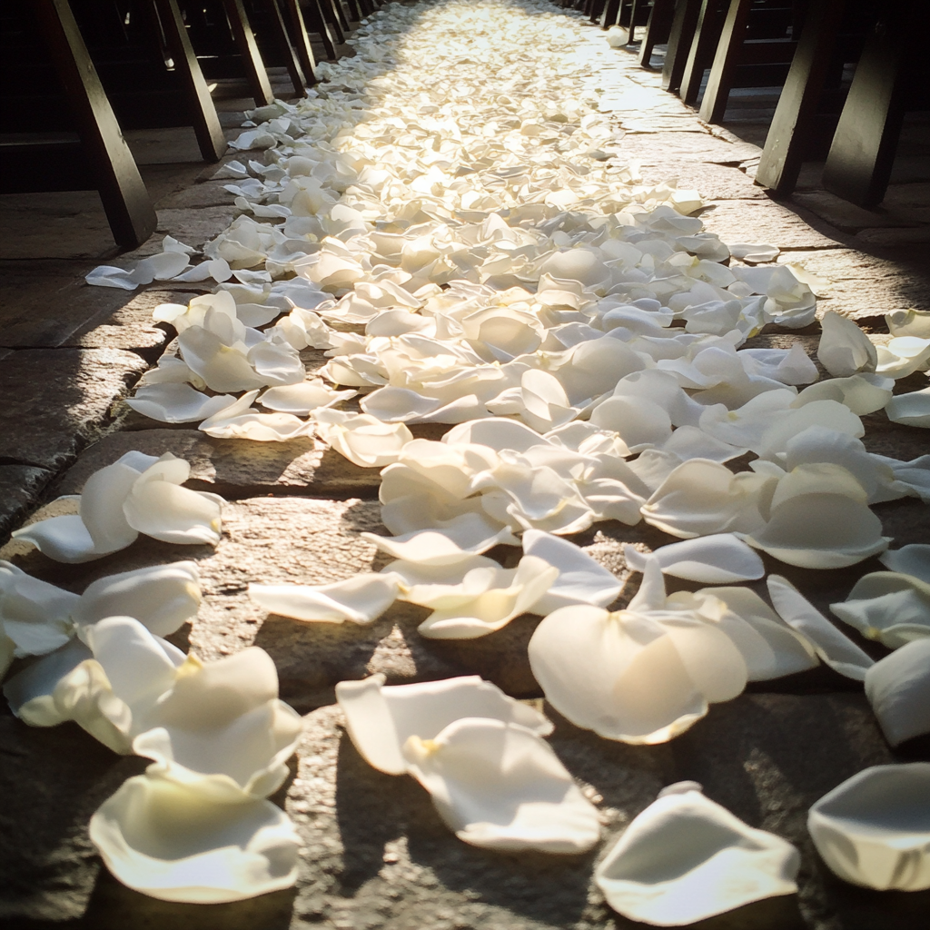 Pétales de roses blanches dispersés le long d'une allée de mariage | Source : Midjourney