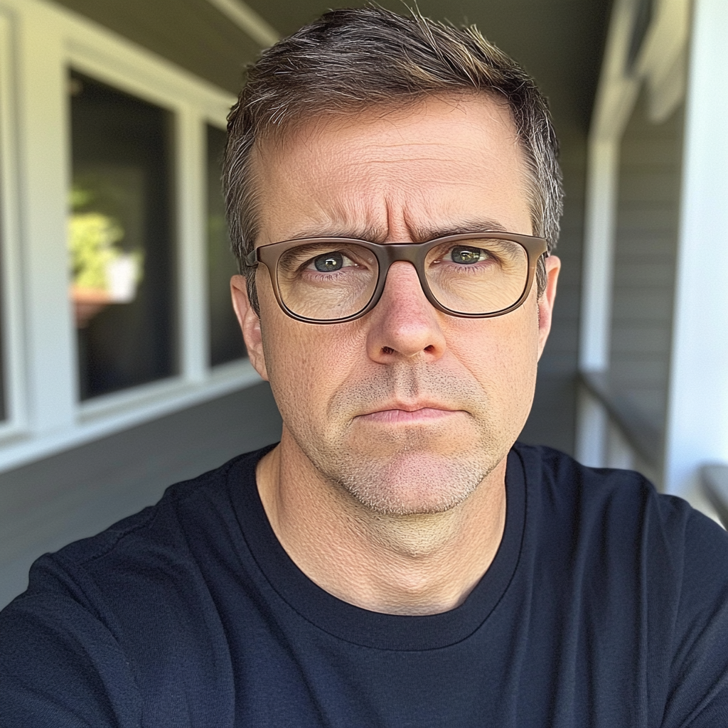 An upset man standing on a porch | Source: Midjourney