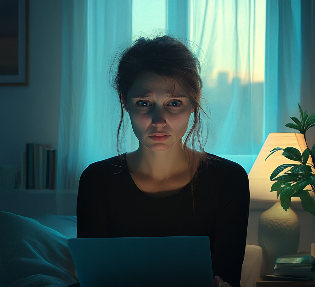 A woman looking surprised while using her husband's laptop | Source: Midjourney