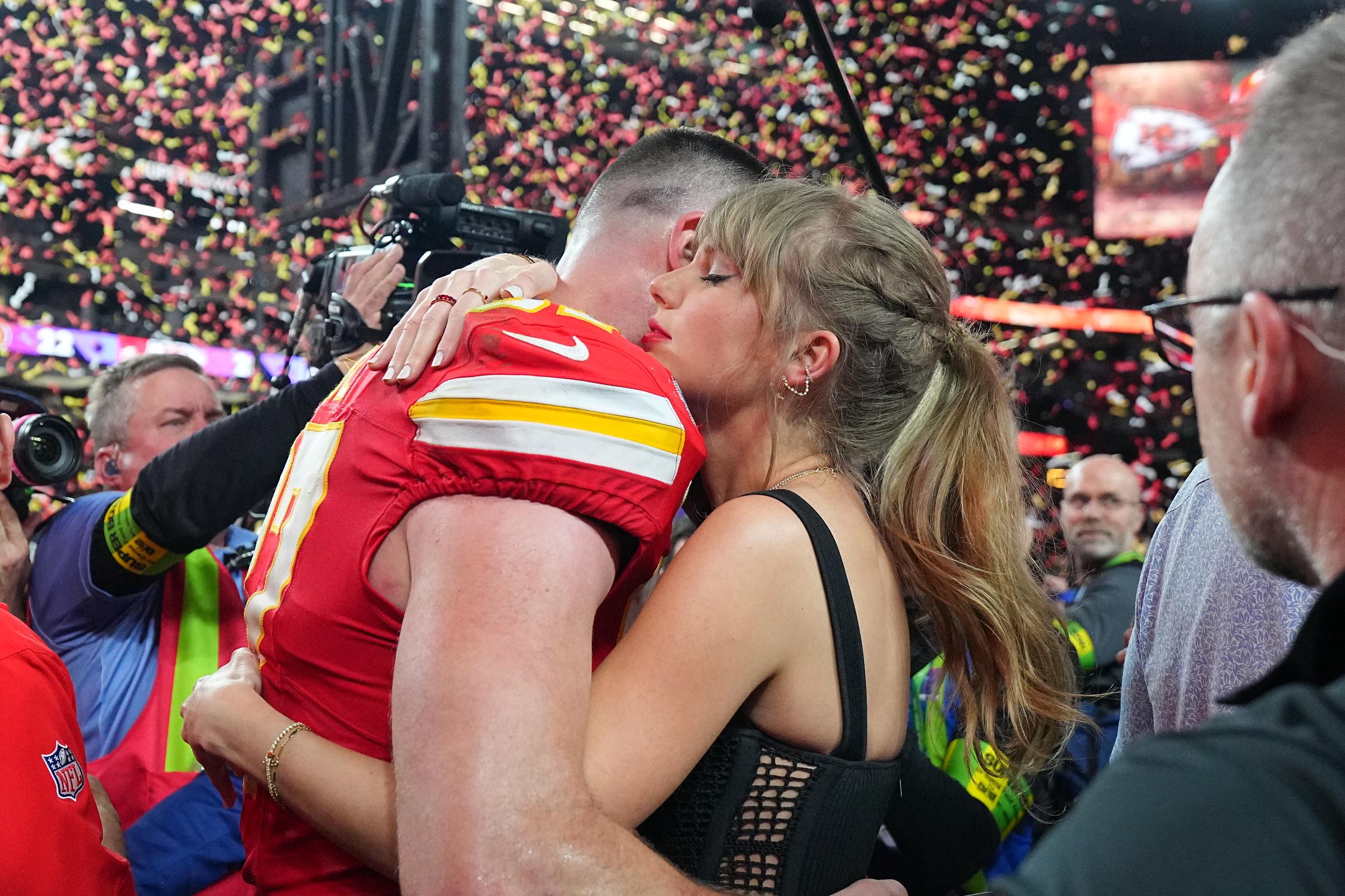 Travis Kelce and Taylor Swift sharing an embrace after the Kansas City Chiefs won last year's Super Bowl in Las Vegas, Nevada on February 11, 2024. | Source: Getty Images