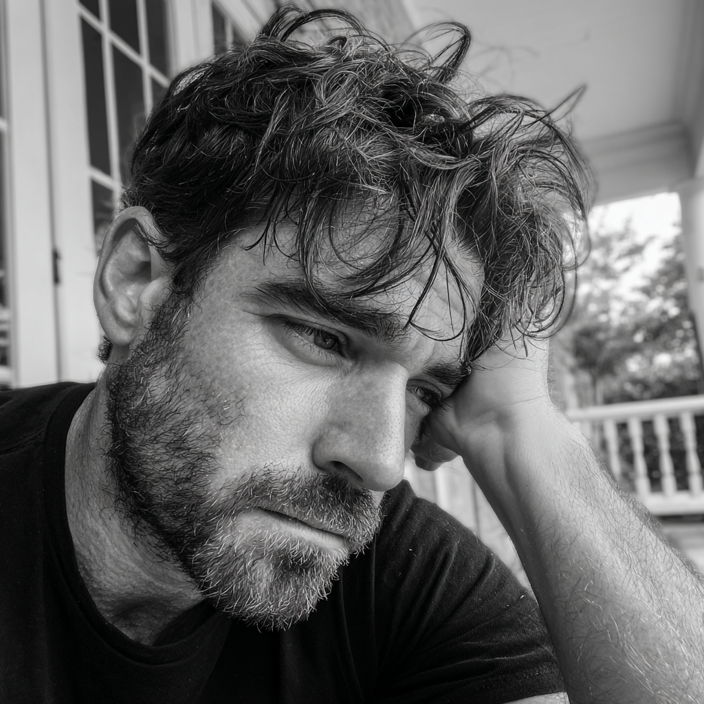 A pensive man sitting on a porch | Source: Midjourney
