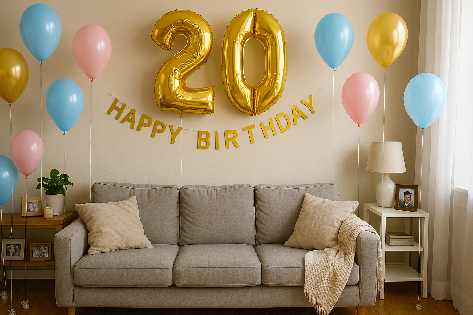 A living room with birthday balloons | Source: Sora