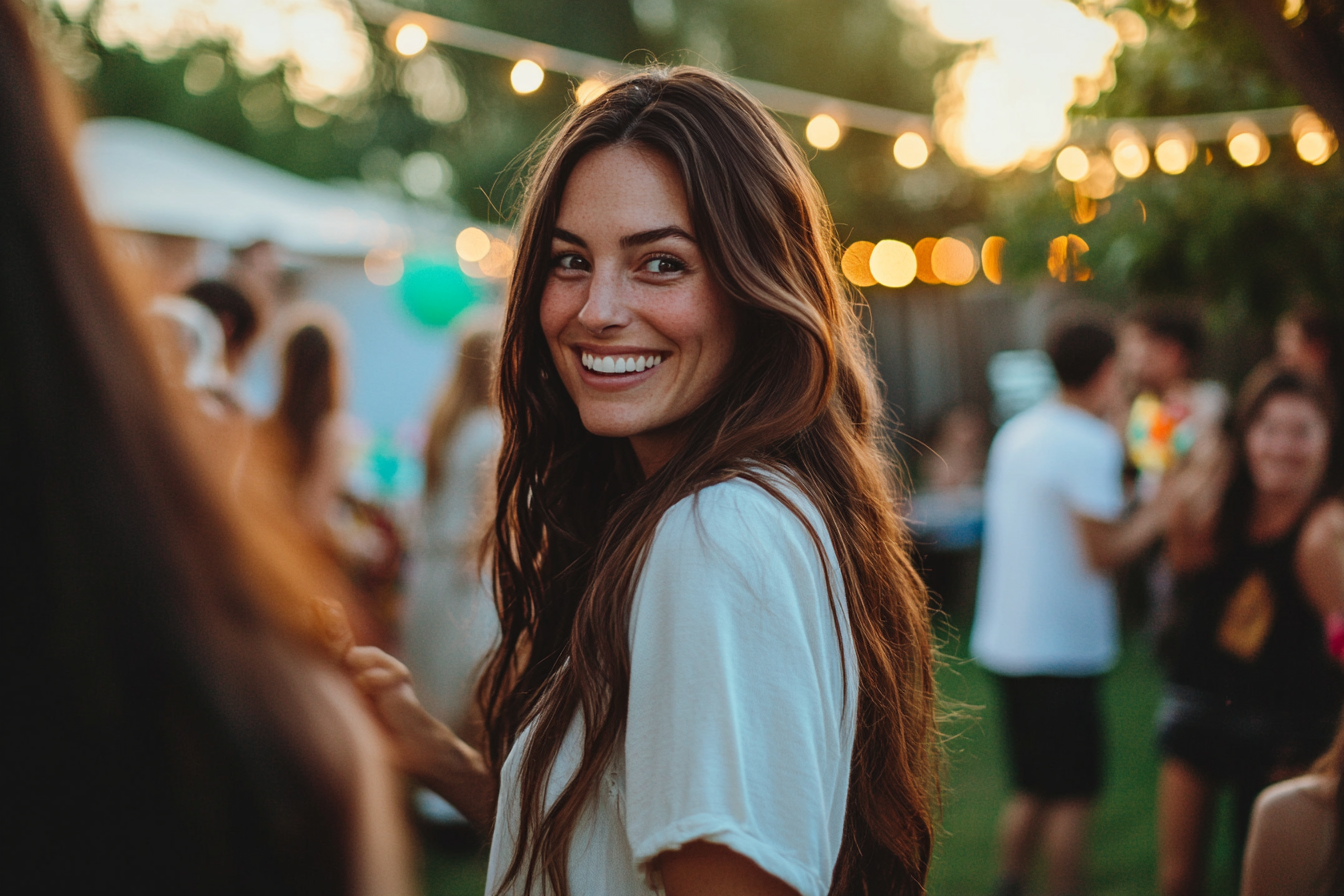 Happy woman smiling at a backyard party | Source: Midjourney