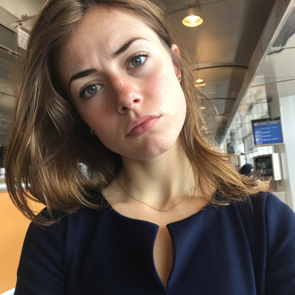 A close up of an upset woman in an airport | Source: Midjourney