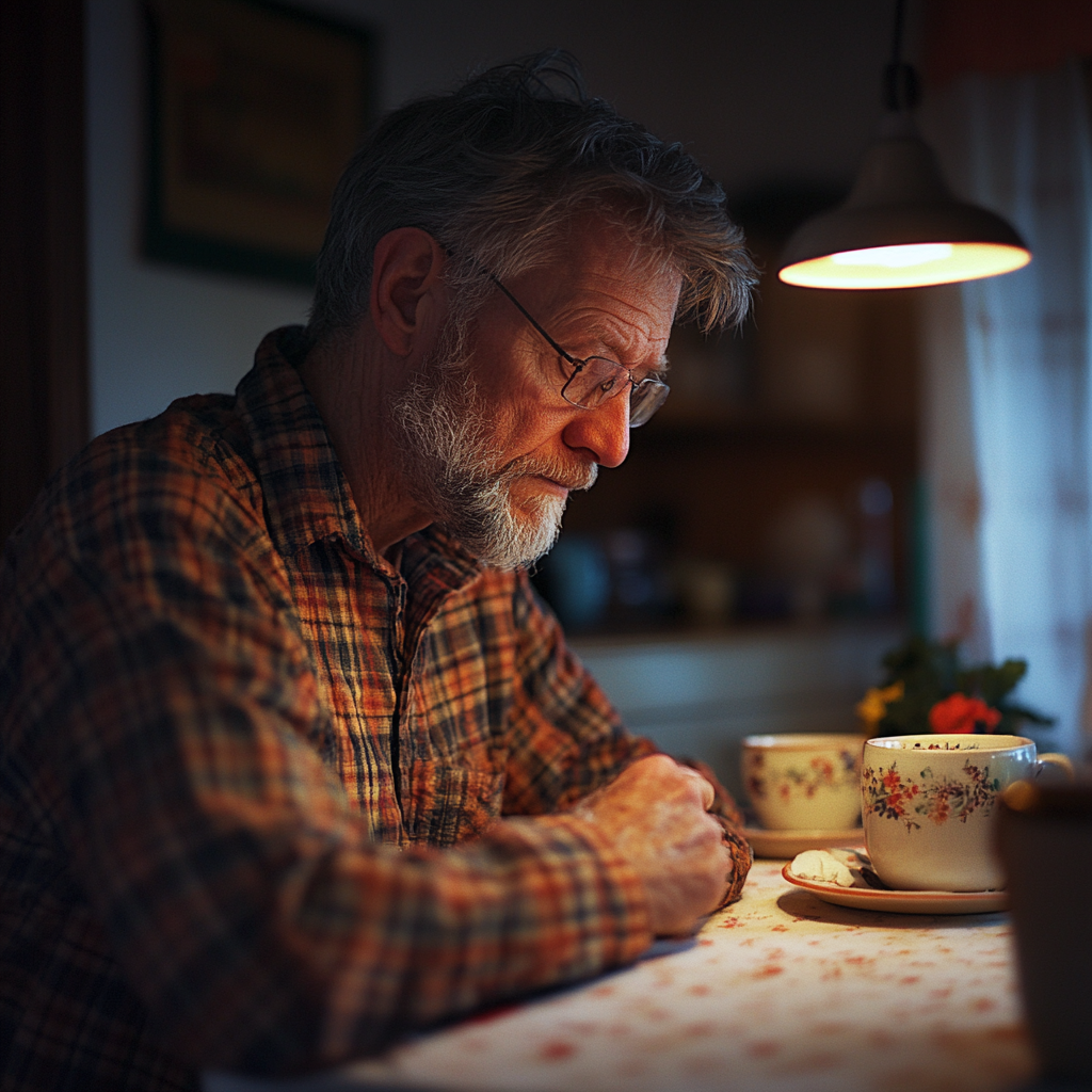 A sad man looking at his hands | Source: Midjourney