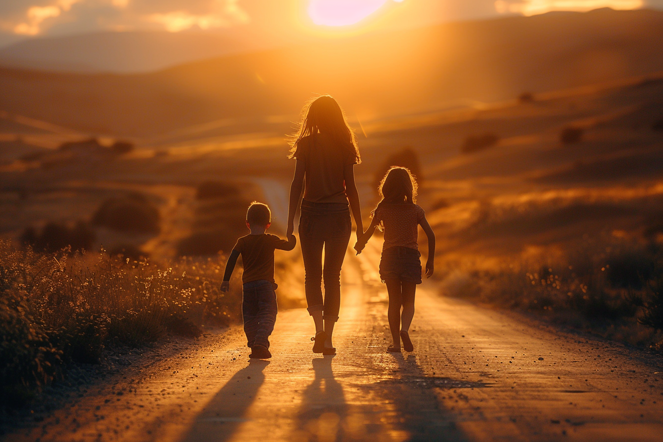 Silhouette of a woman with a little boy and girl on the road | Source: Midjourney