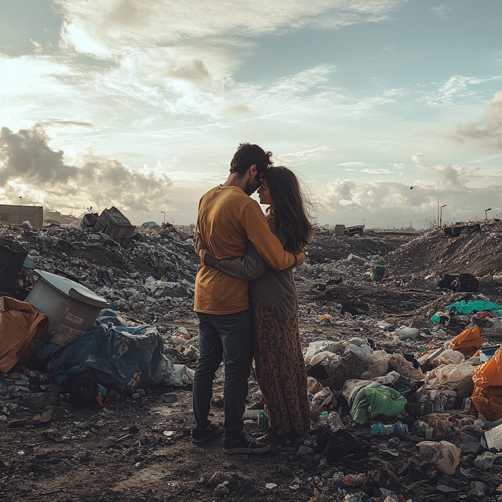 Couple hugging in a dumpsite | Source: Midjourney