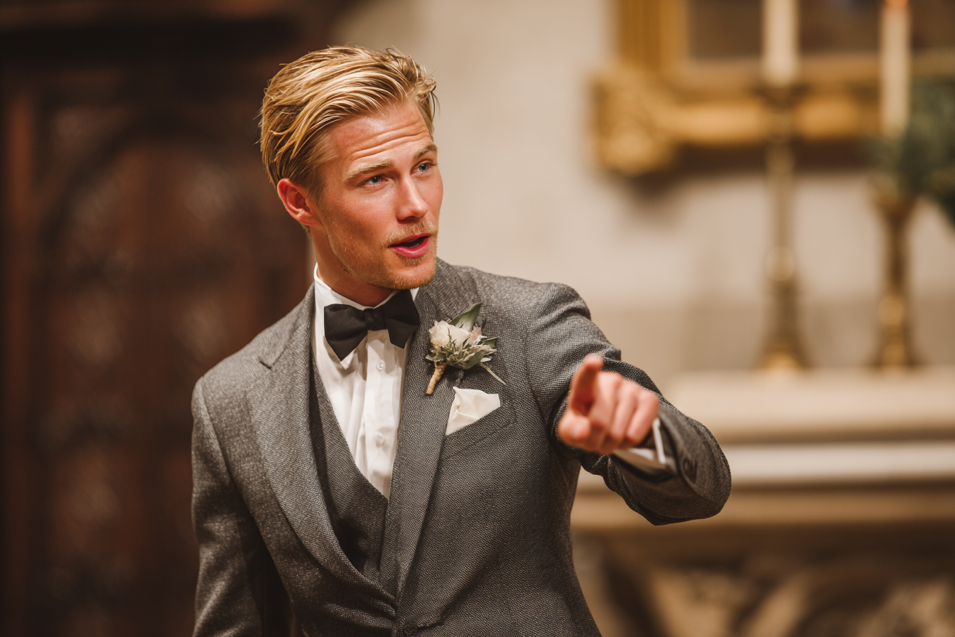 A groomsman pointing at someone | Source: Midjourney