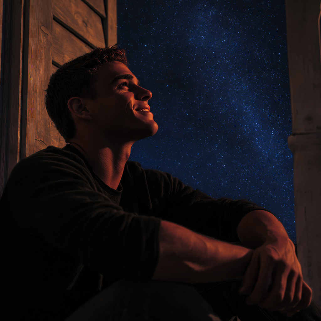 A young man watching the night sky with wonder and joy | Source: Midjourney