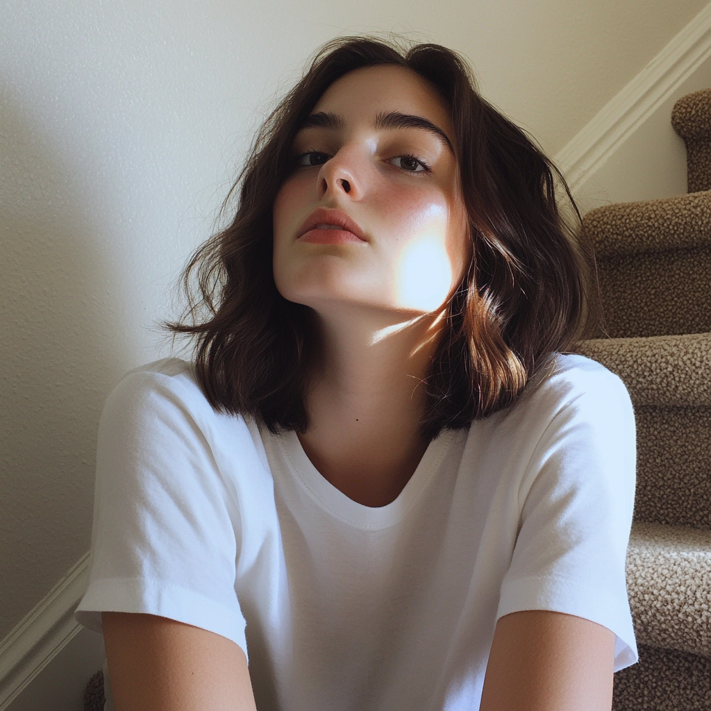 A teenage girl sitting on a staircase | Source: Midjourney