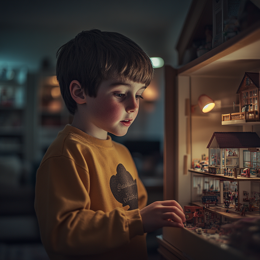 A boy playing with his dollhouse | Source: Midjourney