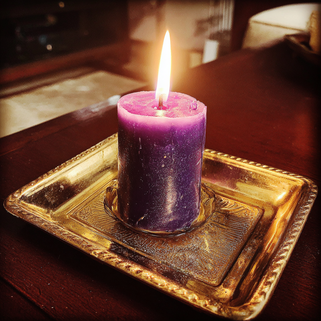 A lit purple candle | Source: Midjourney