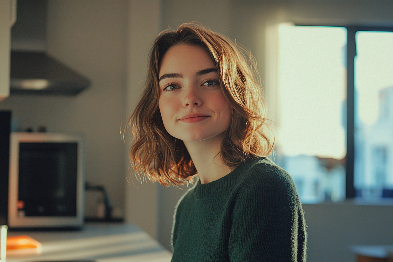 A smiling woman in an apartment | Source: Midjourney