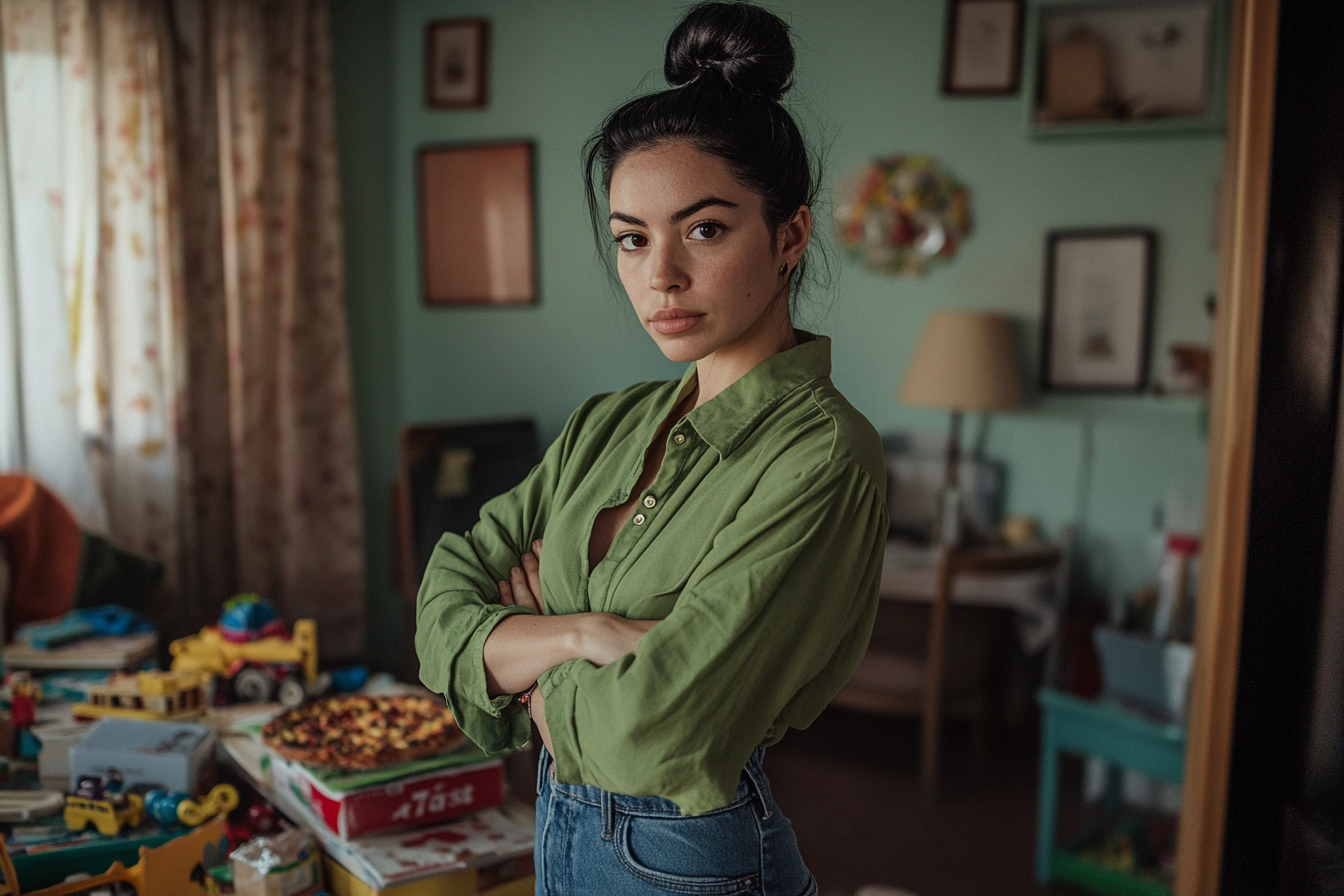 A woman in a messy living room with arms crossed | Source: Midjourney