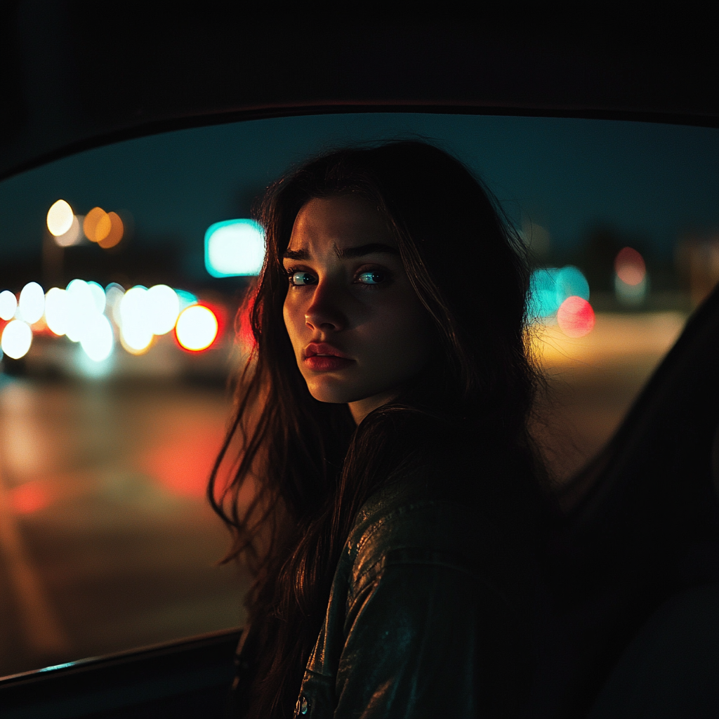 Tense woman standing by her car at night | Source: Midjourney