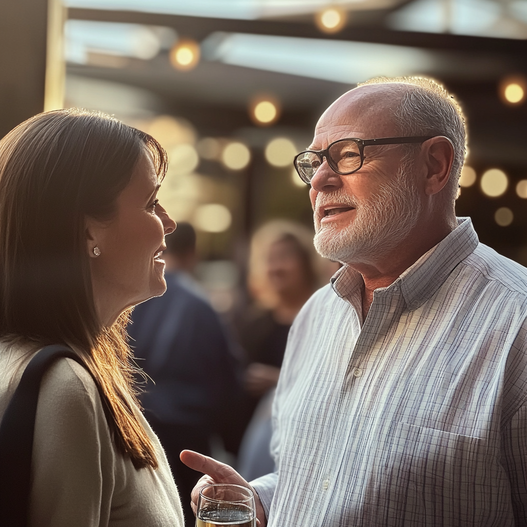 Um homem conversando com uma mulher em um evento oficial | Fonte: Midjourney