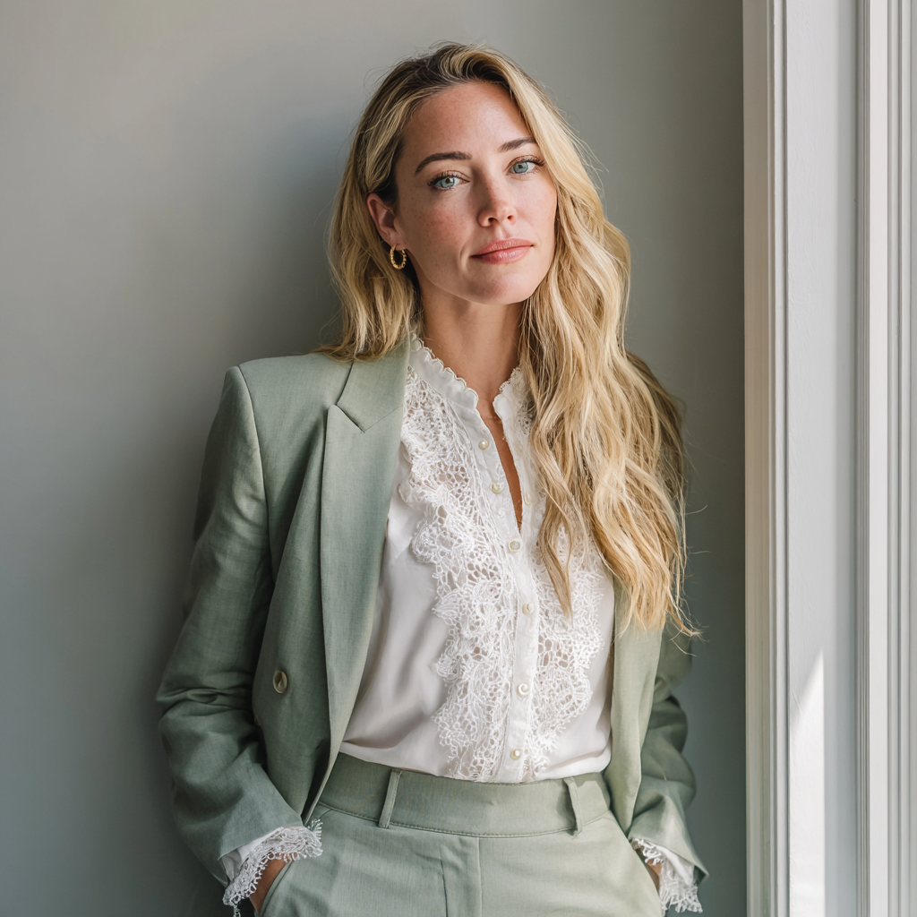 A woman standing in a sage green pantsuit | Source: Midjourney
