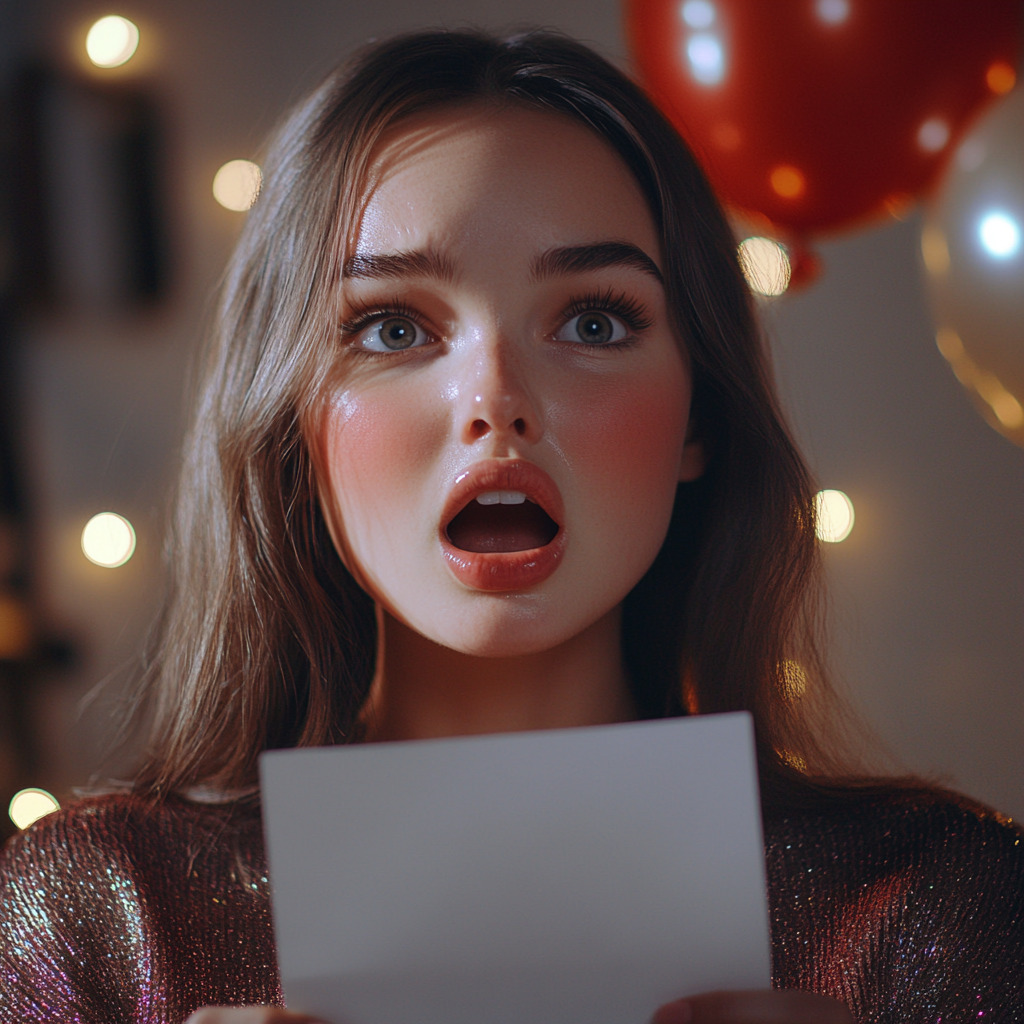 A shocked woman holding a sheet of paper | Source: Midjourney