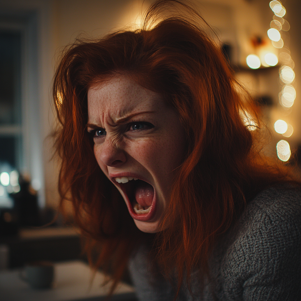 An angry red head woman shouting | Source: Midjourney