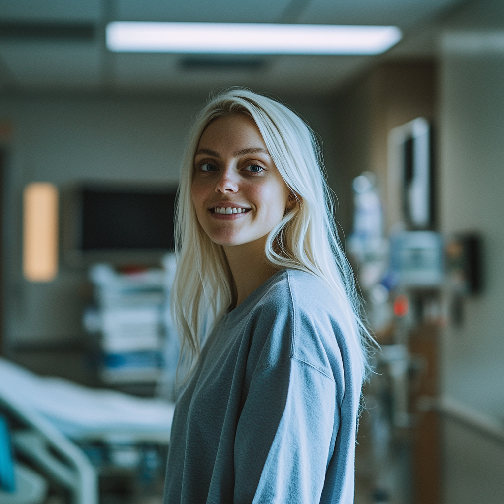 A blonde-haired woman smirks while standing in a hospital room and looking at someone | Source: Midjourney