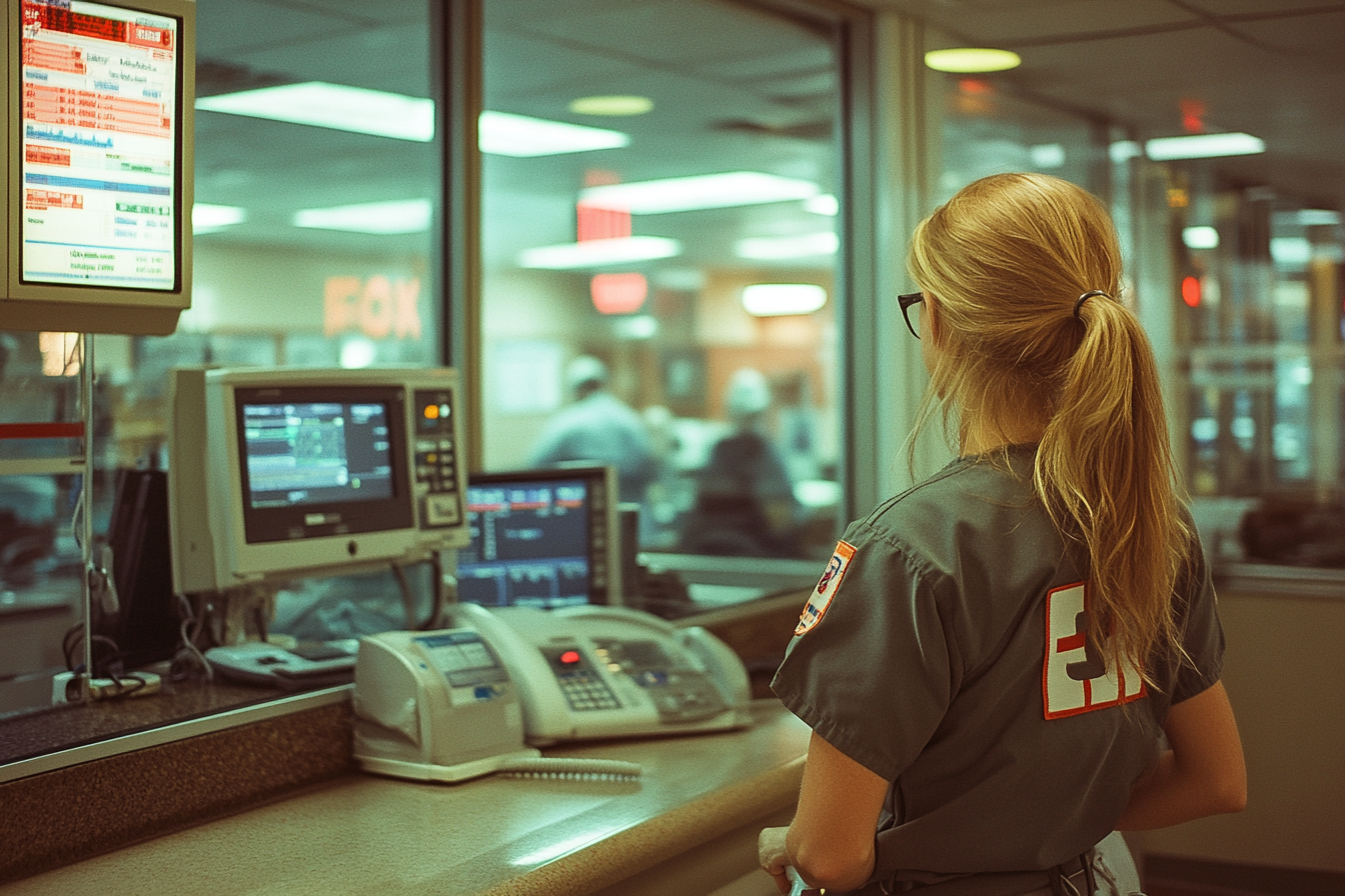 An emergency department worker answering a 911 call | Source: Midjourney