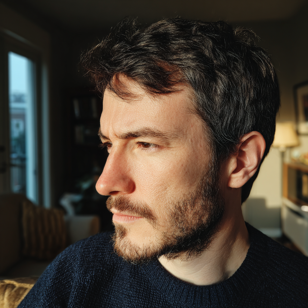 A pensive man standing in a living room | Source: Midjourney