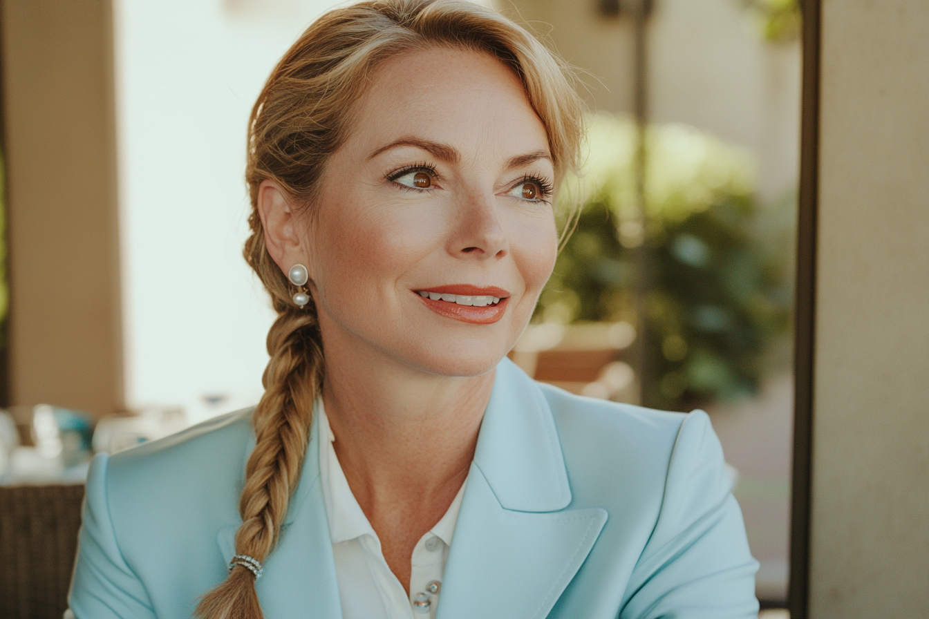 A happy woman in her 40s in a restaurant during lunch | Source: Midjourney