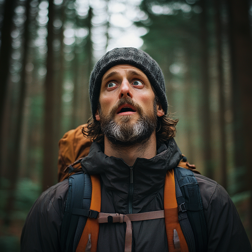 A shocked man in a forest | Source: Midjourney