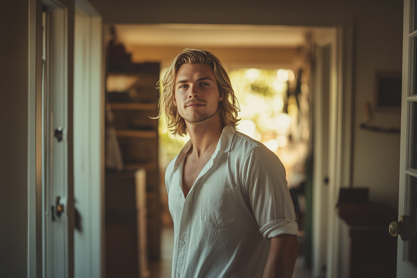 Man in his 30s standing in the hallway of a cozy home with a curious expression | Source: Midjourney