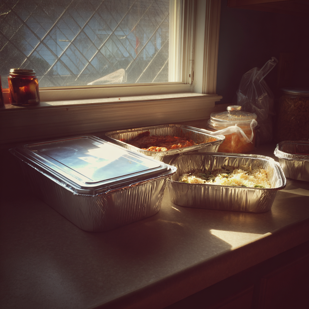 Takeout containers of food on a kitchen counter | Source: Midjourney