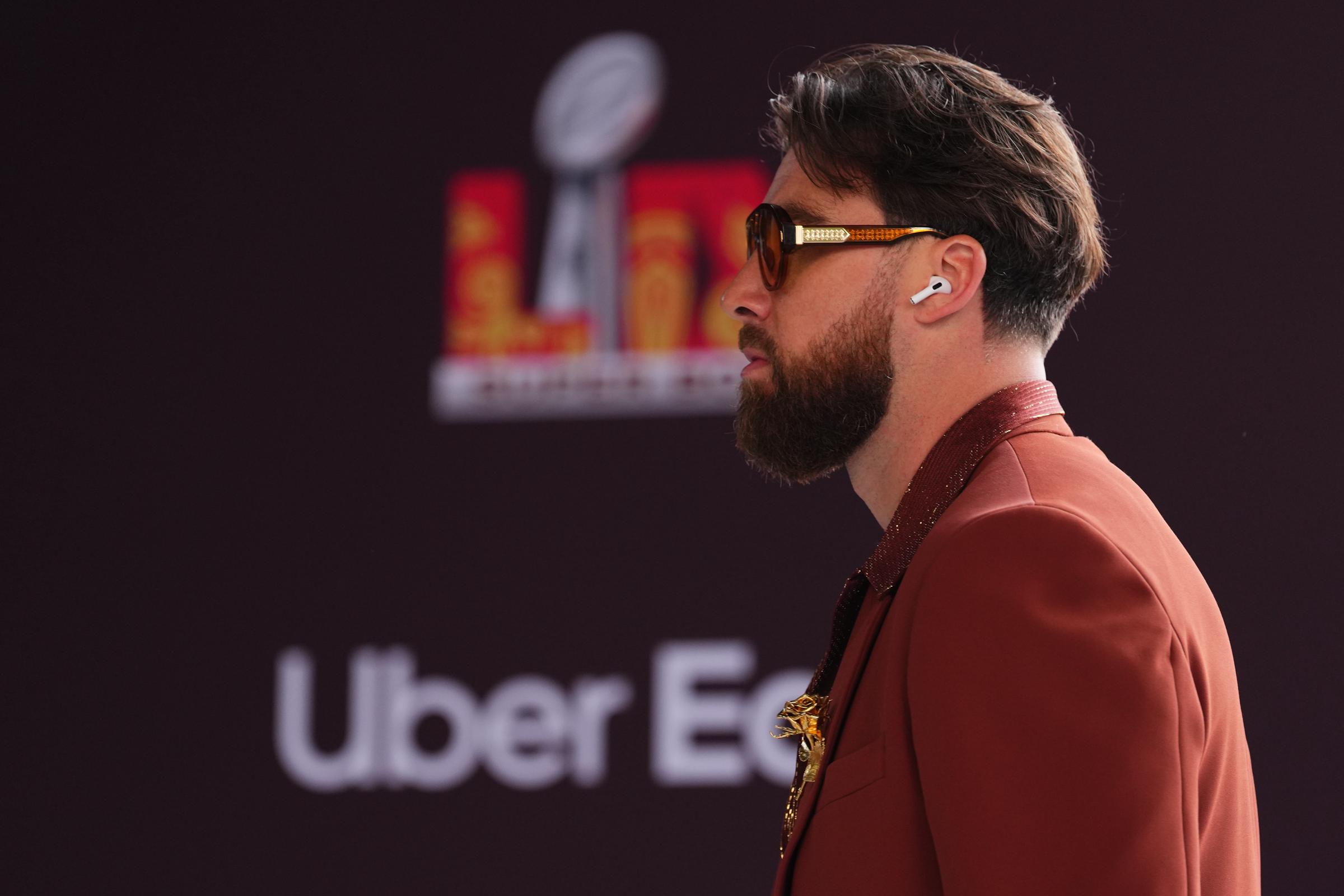 Travis Kelce arriving for the Super Bowl. | Source: Getty Images