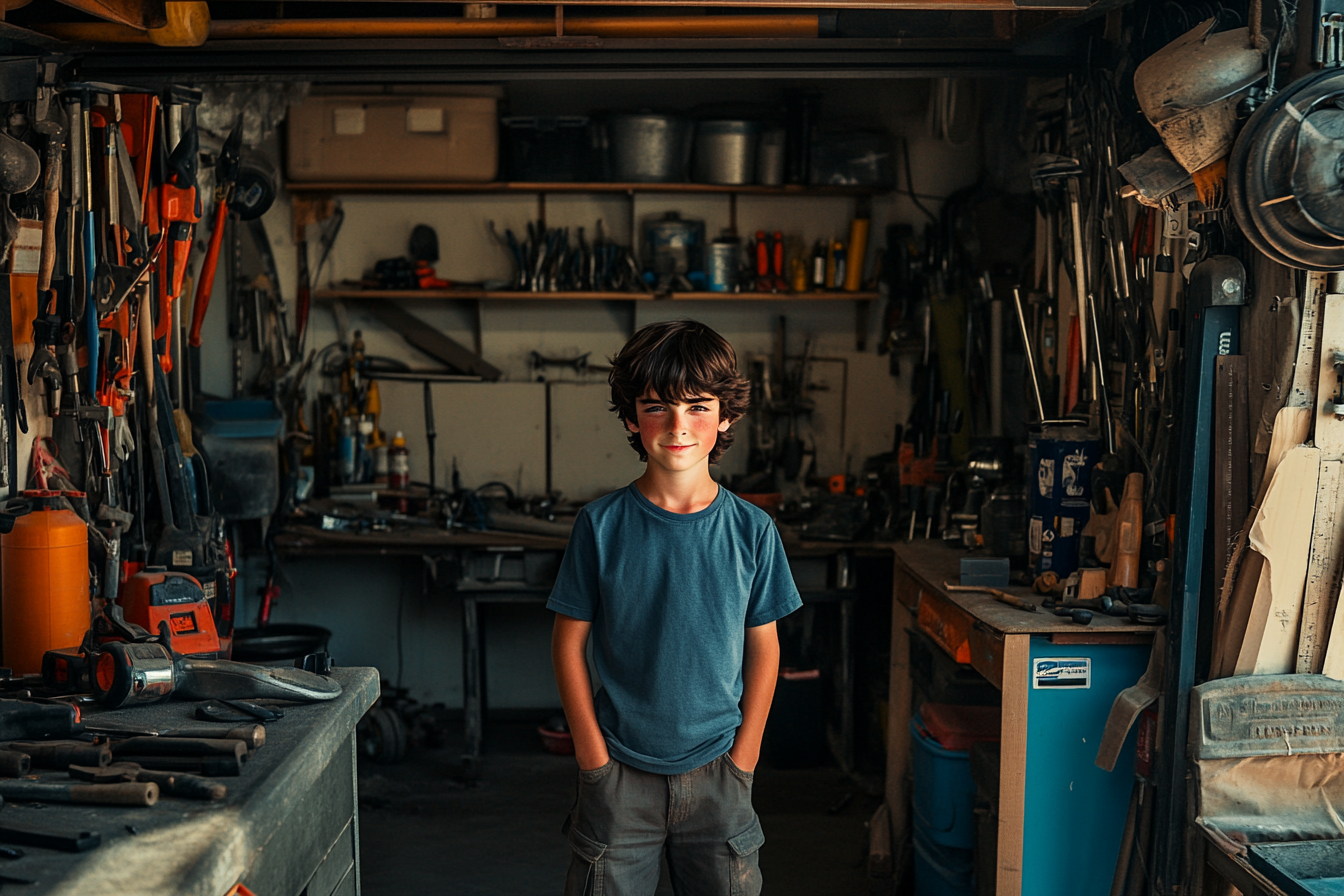 A boy smiling in a garage with tools | Source: Midjourney