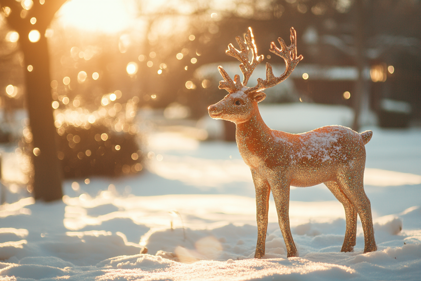 Plastic reindeer with glitter in a snowy yard | Source: Midjourney