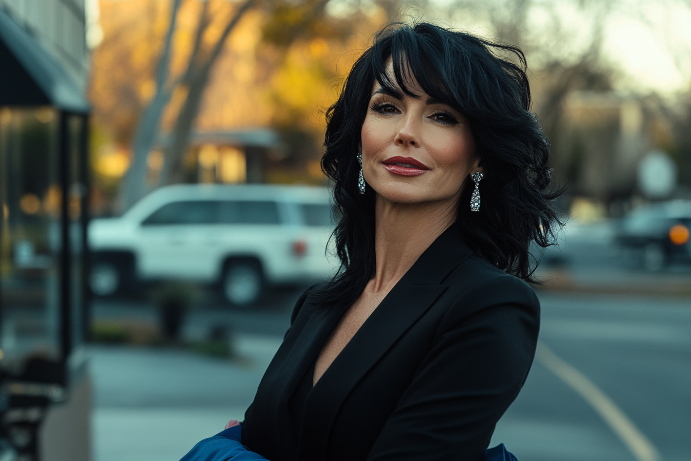 Elegant woman standing in the parking lot of a café | Source: Midjourney