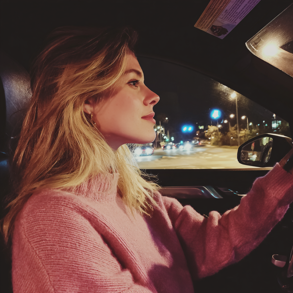 A woman driving a car at night | Source: Midjourney