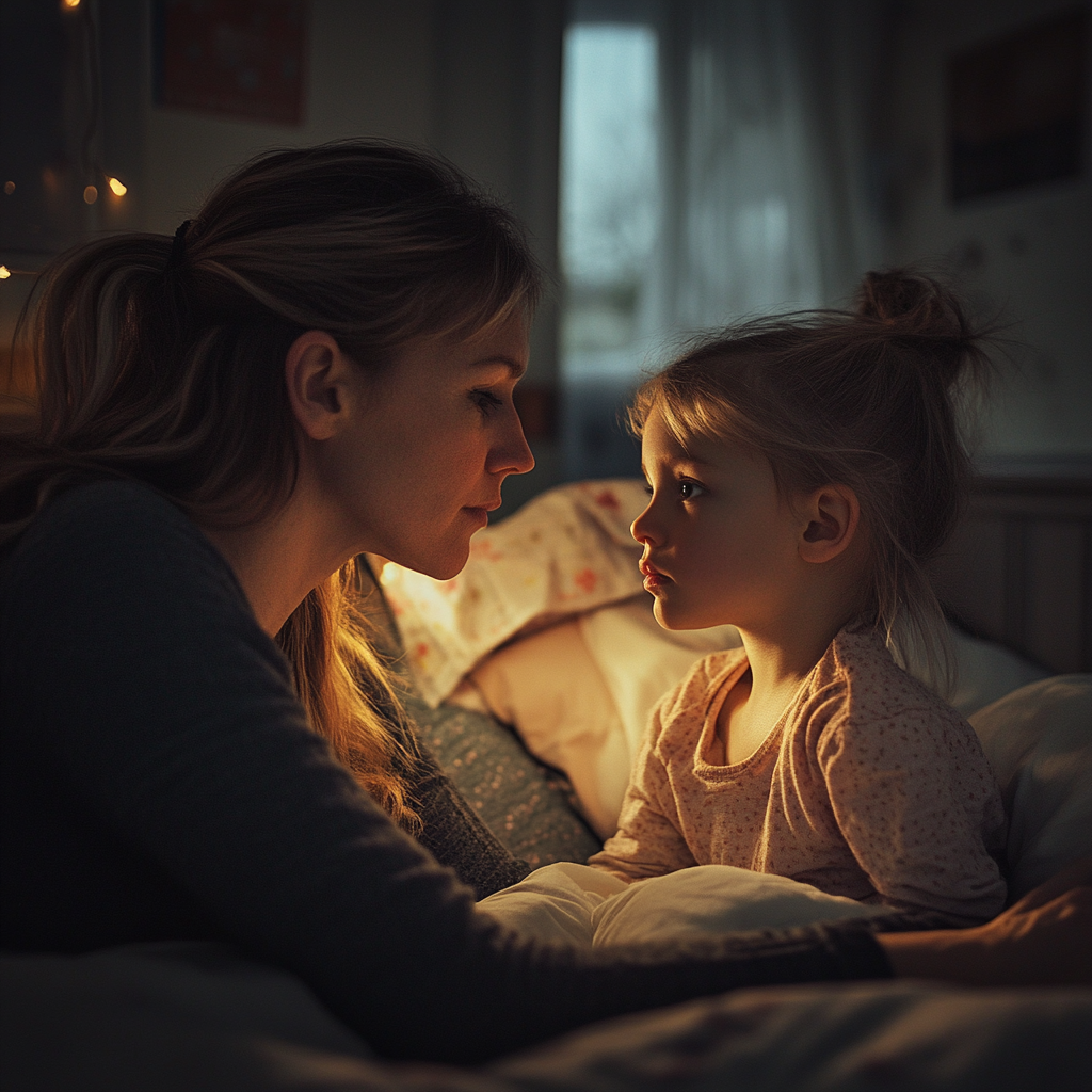 Mother tucking her daughter into bed | Source: Midjourney