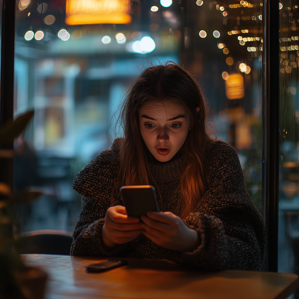 A shocked woman looking at her phone | Source: Midjourney