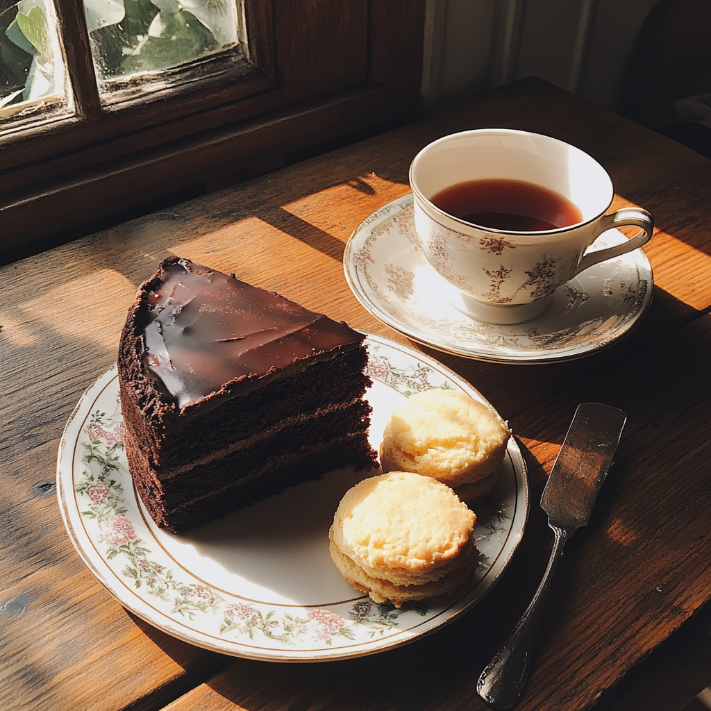 A slice of cake and scones and tea | Source: Midjourney