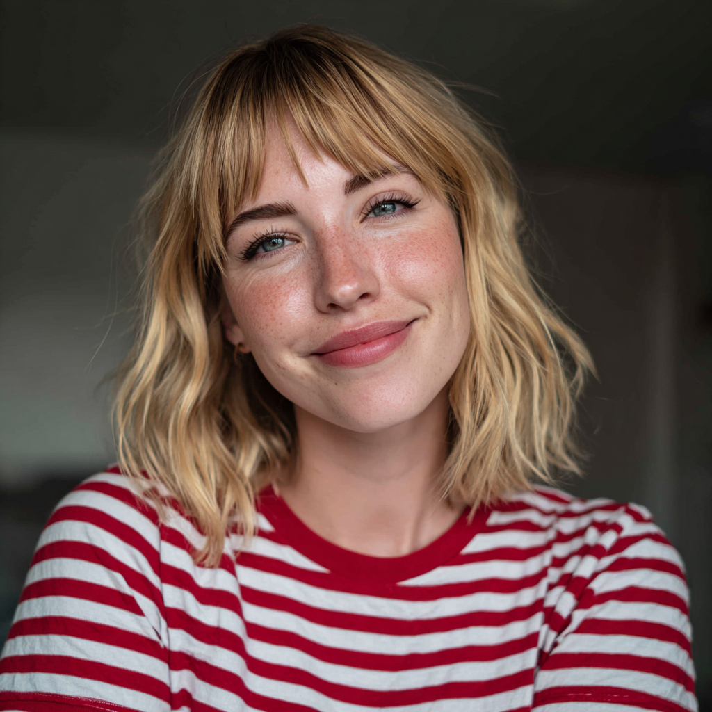 A smiling woman wearing a stripped t-shirt | Source: Midjourney