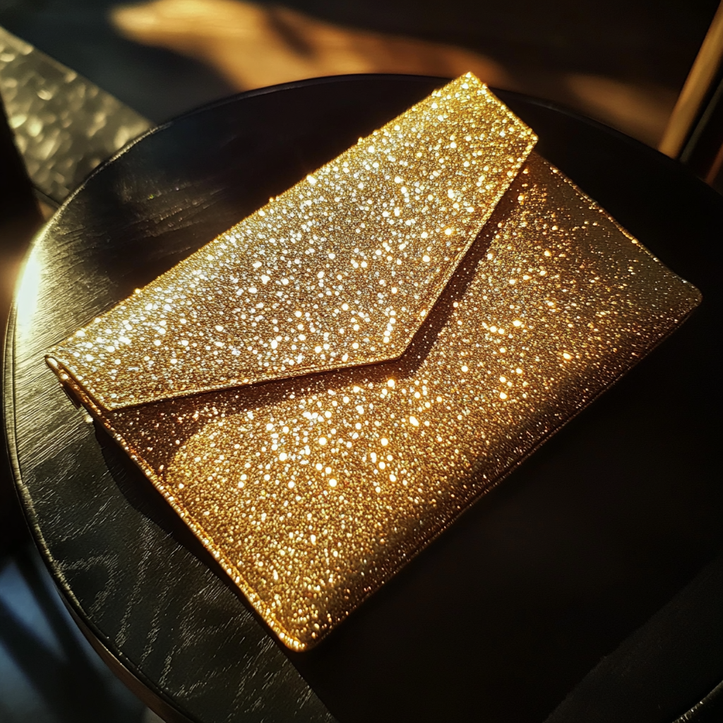 A gold clutch on a table | Source: Midjourney