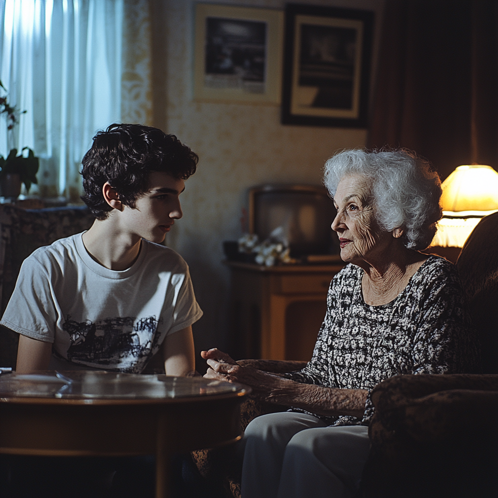 A woman and man talking | Source: Midjourney